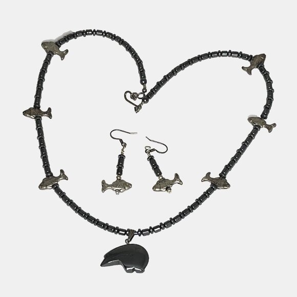 Southwest Hematite Native Fetish Bear w Fishes Set Necklace, Drop Earrings 21" L - Picture 2 of 7